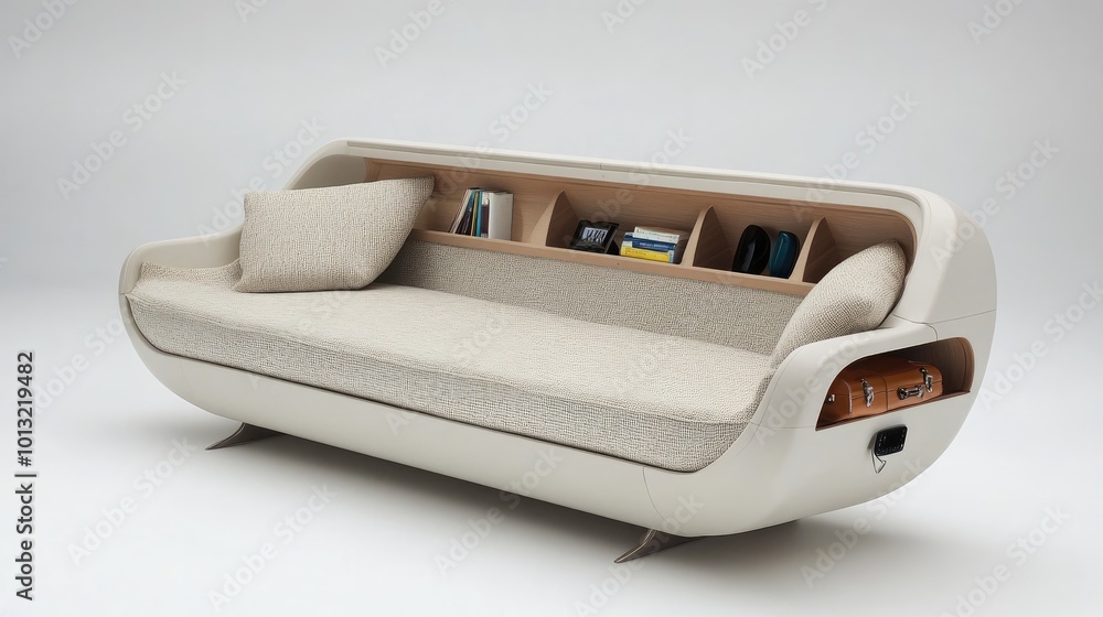 Poster modern sofa with integrated storage and bookshelf