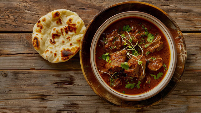 Top view of mutton nihari with khamiri roti