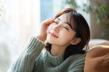 Obraz premium A woman is sitting on a couch with her head on her hand