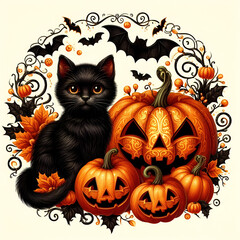 halloween black cats with carved pumpkins