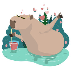A cute capybara is relaxing in a puddle while drinking a cocktail