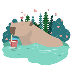 A cute capybara is relaxing in a puddle while drinking a cocktail
