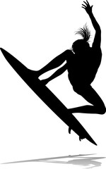 Fototapeta premium Surfer surfboard boarding female surfer surfing silhouette outline. Woman surf pose design concept.