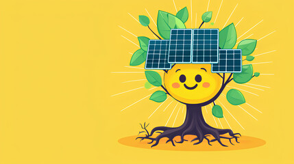 Fototapeta premium Cartoon tree with a smiling face and a solar panel on its head
