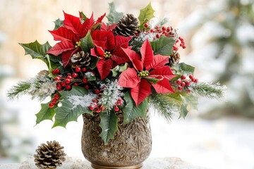 Naklejka premium This festive bouquet features vibrant poinsettias, holly, and pinecones, beautifully arranged in a decorative vase for the winter holidays. Generative AI