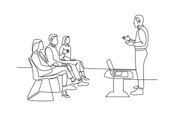 simple continuous line drawing of an employee is presenting a new project obtained by his company. Conference minimalist concept. Business minimalist concept. Simple line, vector.