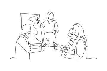 simple continuous line drawing of An employee is making a presentation in front of his colleagues with the help of a whiteboard. Conference minimalist concept. Business minimalist concept. Simple line