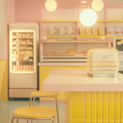 Yellow retro-style diner with a toaster on the counter.