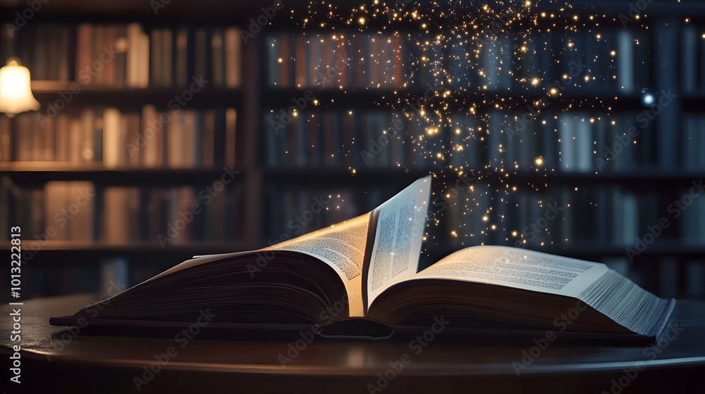 Aufkleber open book on table in library and bookshelf background