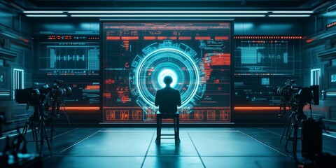 Fototapeta premium Futuristic AI command center with digital interface and multiple cameras setup