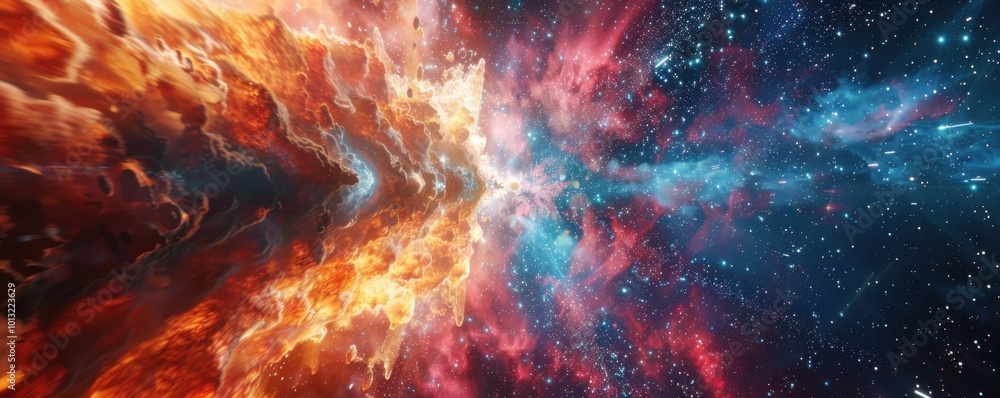 Poster pulsating conical explosion in deep space, vibrant colors and cosmic particles, 4k hyperrealistic ph