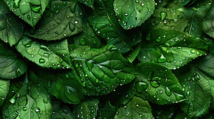 Fototapeta premium Rain-soaked small leaf wall, lush green tones with sparkling droplets, soft light, capturing the calm and freshness of the rain.