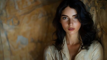 Fototapeta premium A young woman with long, dark hair and green eyes gazes intensely at the camera, her expression both alluring and mysterious.