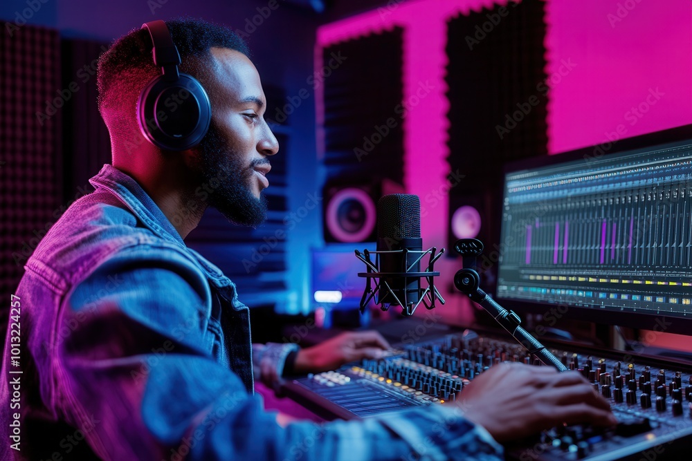 Aufkleber the podcaster speaks animatedly at a studio desk, surrounded by professional equipment and colorful 