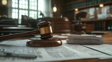 Obraz premium Law theme, mallet of judge, wooden gavel on table in courtroom