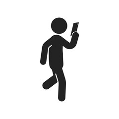 Isolated pictogram sign of man walking  using mobile phone, man hold and use cellphone
