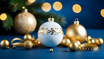 christmas greeting card white gold ornaments blue background festive elegant