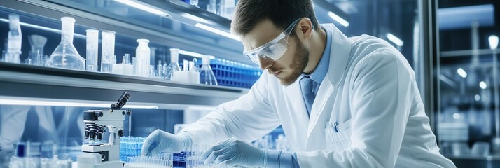 A scientist meticulously handles test tubes and samples in a modern laboratory, ensuring accuracy and safety during the research process. Generative AI