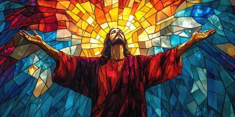 Fototapeta premium Man in front of stained glass window