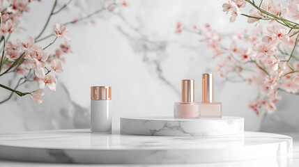 3d render of pink cosmetic product display podium with leaf , 3d jars of cosmetics on a pastel color podium. Tubes and containers