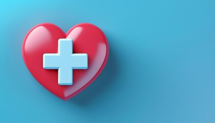 Obraz premium A glossy red heart with a blue medical cross on a vibrant blue background, symbolizing healthcare and compassion.