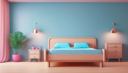 A modern bedroom featuring a wooden bed with blue bedding, decorative lamps, side tables, and a plant, all set against a turquoise wall.