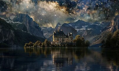 Fototapeta premium Enchanted chateau floating on the ethereal lake, reflecting starlit skies, 4K hyperrealistic photo