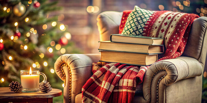 A collection of holiday-themed books stacked by a cozy armchair, with a warm blanket draped over it.