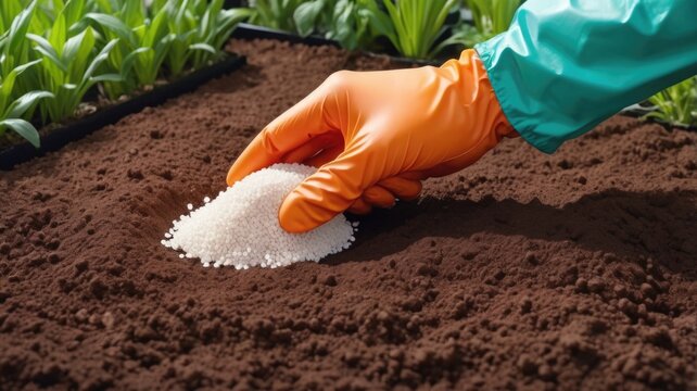 Close-up of hands in protective gloves spreading white urea granules over beds of green plants. Concept of successful rich harvest.