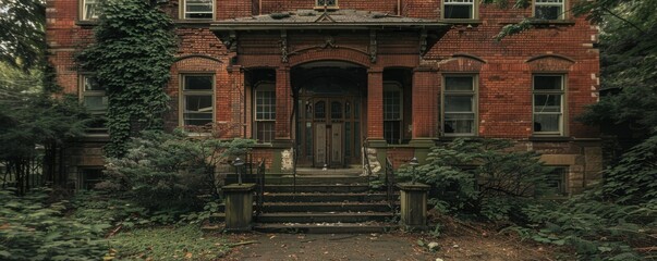Fototapeta premium Eerie mansion with ghostly reflections in the windows, 4K hyperrealistic photo