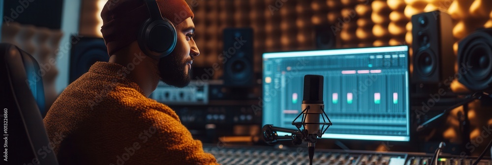 Aufkleber a podcaster speaks into a microphone while monitoring sound levels in a well-equipped recording stud