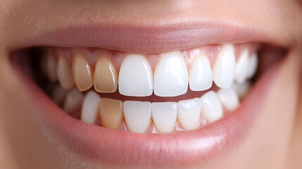 Obraz premium Closeup of beautiful young woman smile with healthy teeth and white teeth