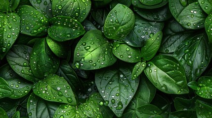 Fototapeta premium Rainy day small leaf wall, glistening raindrops on lush green leaves, misty light, capturing the freshness and calm of a rainy day.