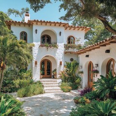 Mediterranean Style White Villa with Lush Greenery and Stone Patio