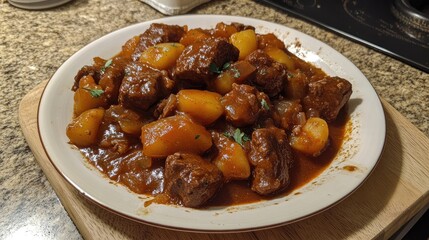 Hearty Meat and Potato Stew in a Serving Dish