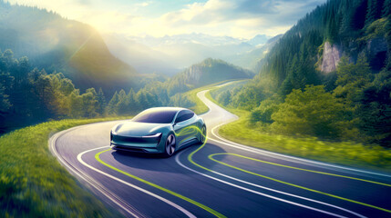 Aerial view Electric Car Driving on Country Road. Luxury modern vehicle riding fast along trees and fields. Cinematic drone shot flying over gravel road with trees at sunset