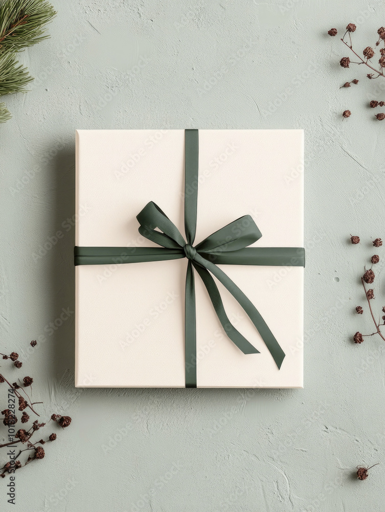 Wall mural beige gift box wrapped with a dark green ribbon, set on a light green background with scattered wint