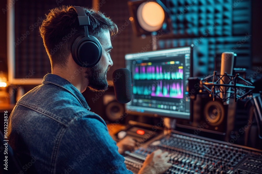 Aufkleber the podcaster engages the audience while adjusting the soundboard in a well-equipped studio. lights 