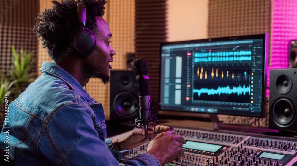 Fototapete a podcaster engages with an audience in a recording studio, using advanced audio equipment and monit