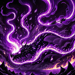 Obraz premium A mystical dragon surrounded by purple flames and dark clouds.