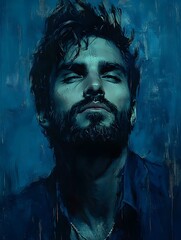 Close-up portrait of a young man with a beard, looking up with a serious expression. The image is painted with a blue palette and has a moody, artistic vibe.