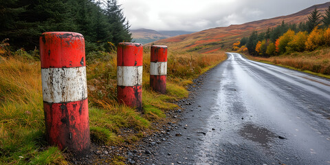 Asphalt road with red and white traffic cones in the mountains.