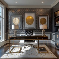 Modern Home Office Interior Design with Black Desk  Gold Accents and Abstract Wall Art