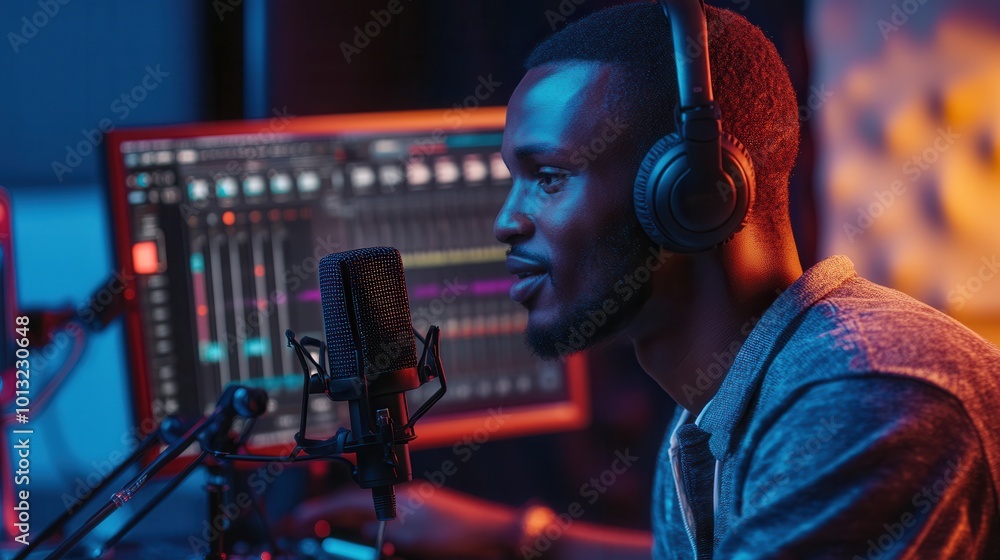 Poster the professional podcaster actively speaks into a microphone in a well-equipped studio, focusing on 