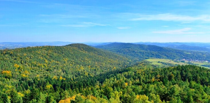 Panorama of mountains and hills  in Szpilowka Range, Carpathian Foothills,  Poland. View from top of wooden tower for tourists  above Iwkowa village near Brzesko town.
