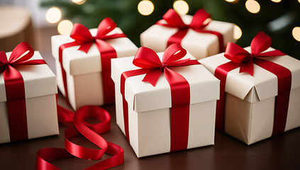 Obraz premium gift boxes wrapped red ribbons paper ready festive celebrations