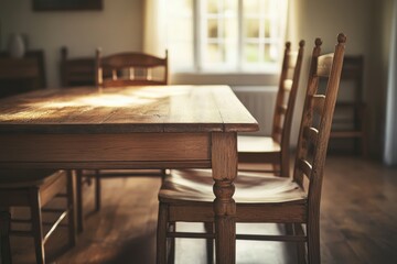Fototapeta premium Minimalistic antique dining room scene with wooden furniture in warm light