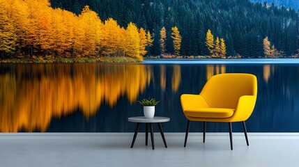 Fototapeta premium Tranquil Lake Reflection, a serene mural depicts a calm lake mirroring vibrant autumn foliage, evoking peace and serenity in nature.