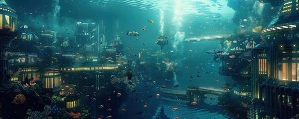Futuristic deep-ocean city with luminous streets and diverse marine life, 4K hyperrealistic photo
