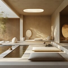 Minimalist Zen Garden Interior Design with Water Feature and Cushions
